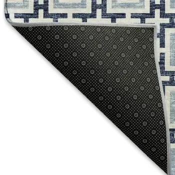 3' X 5' Navy Blue And Ivory Geometric Washable Area Rug With UV Protection