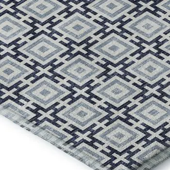 3' X 5' Navy Blue And Ivory Geometric Washable Area Rug With UV Protection
