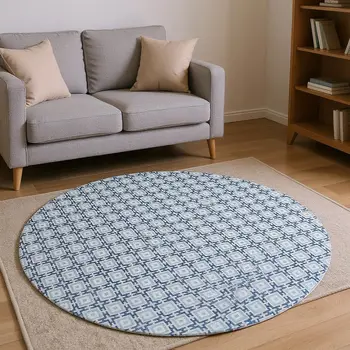 8' Navy Blue And Ivory Geometric Washable Round Rug With UV Protection