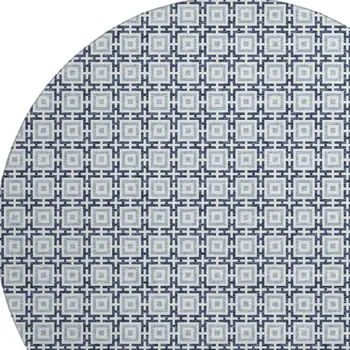 8' Navy Blue And Ivory Geometric Washable Round Rug With UV Protection
