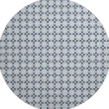 8' Navy Blue And Ivory Geometric Washable Round Rug With UV Protection