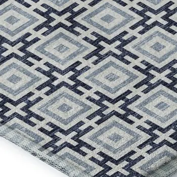 9' X 12' Navy Blue And Ivory Geometric Washable Area Rug With UV Protection
