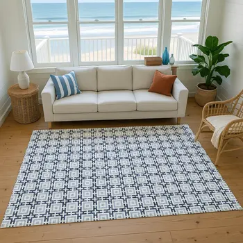 10' X 14' Navy Blue And Ivory Geometric Washable Area Rug With UV Protection