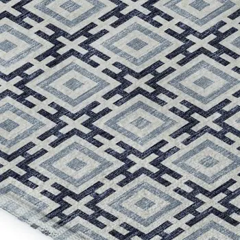 10' X 14' Navy Blue And Ivory Geometric Washable Area Rug With UV Protection