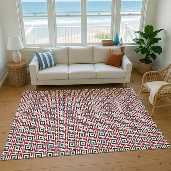 3' X 5' Red Black And Ivory Geometric Washable Area Rug With UV Protection