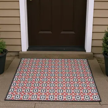 3' X 5' Red Black And Ivory Geometric Washable Area Rug With UV Protection