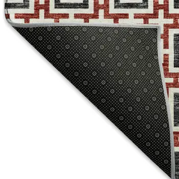5' X 8' Red Black And Ivory Geometric Washable Area Rug With UV Protection