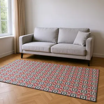 5' X 8' Red Black And Ivory Geometric Washable Area Rug With UV Protection