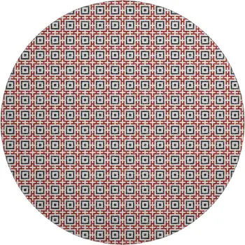 8' Red Black And Ivory Geometric Washable Round Rug With UV Protection