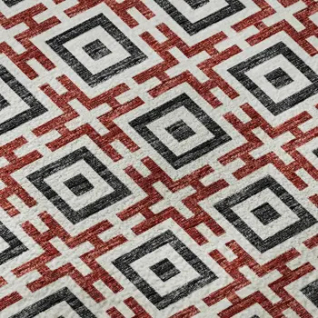8' Red Black And Ivory Geometric Washable Round Rug With UV Protection