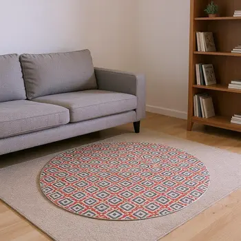 8' Red Black And Ivory Geometric Washable Round Rug With UV Protection