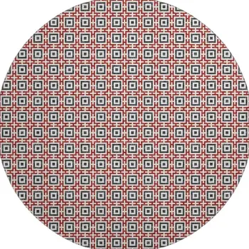 8' Red Black And Ivory Geometric Washable Round Rug With UV Protection