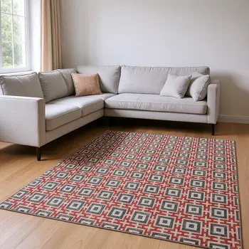 8' X 10' Red Black And Ivory Geometric Washable Area Rug With UV Protection