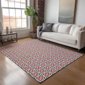 9' X 12' Red Black And Ivory Geometric Washable Area Rug With UV Protection