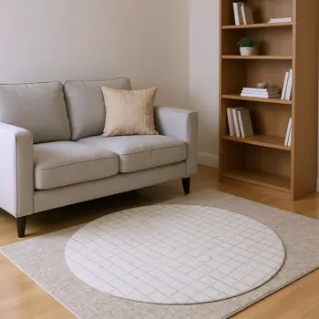 8' Ivory And Taupe Geometric Washable Round Rug With UV Protection