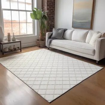 8' X 10' Ivory And Taupe Geometric Washable Area Rug With UV Protection