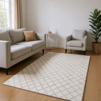 8' X 10' Ivory And Taupe Geometric Washable Area Rug With UV Protection
