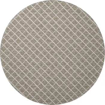 8' Taupe And Ivory Geometric Washable Round Rug With UV Protection