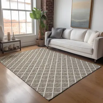 8' X 10' Taupe And Ivory Geometric Washable Area Rug With UV Protection