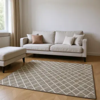 8' X 10' Taupe And Ivory Geometric Washable Area Rug With UV Protection