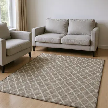 9' X 12' Taupe And Ivory Geometric Washable Area Rug With UV Protection