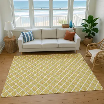 5' X 8' Gold And Ivory Geometric Washable Area Rug With UV Protection
