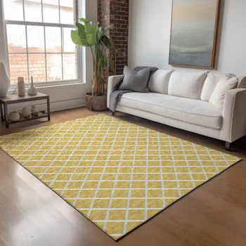 5' X 8' Gold And Ivory Geometric Washable Area Rug With UV Protection