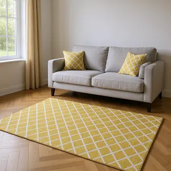 5' X 8' Gold And Ivory Geometric Washable Area Rug With UV Protection
