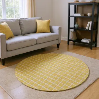 8' Gold And Ivory Geometric Washable Round Rug With UV Protection