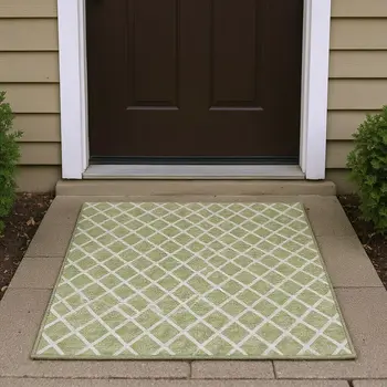 3' X 5' Artichoke Green And Ivory Geometric Washable Area Rug With UV Protection