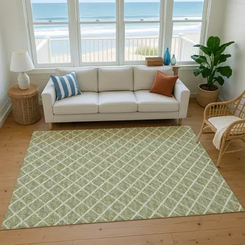 5' X 8' Artichoke Green And Ivory Geometric Washable Area Rug With UV Protection