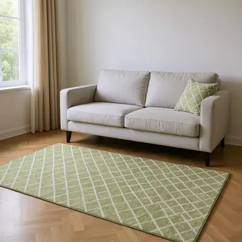 5' X 8' Artichoke Green And Ivory Geometric Washable Area Rug With UV Protection