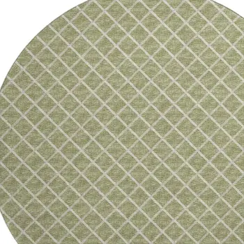 8' Artichoke Green And Ivory Geometric Washable Round Rug With UV Protection