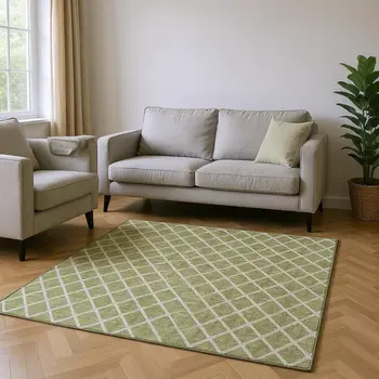 8' X 10' Artichoke Green And Ivory Geometric Washable Area Rug With UV Protection