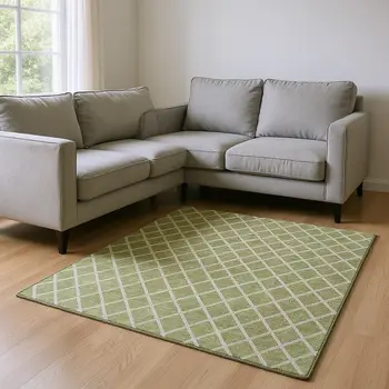 9' X 12' Artichoke Green And Ivory Geometric Washable Area Rug With UV Protection
