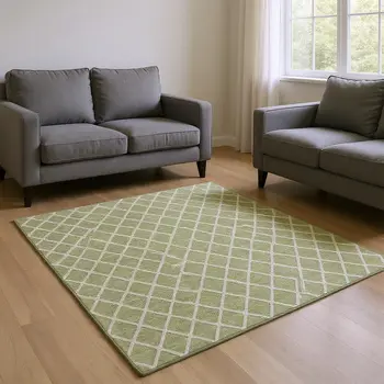 10' X 14' Artichoke Green And Ivory Geometric Washable Area Rug With UV Protection