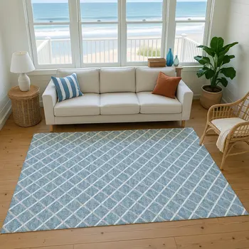 3' X 5' Sky Blue And Ivory Geometric Washable Area Rug With UV Protection