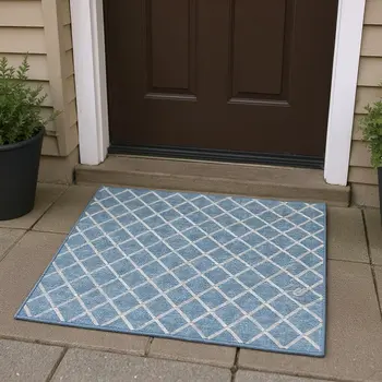 3' X 5' Sky Blue And Ivory Geometric Washable Area Rug With UV Protection