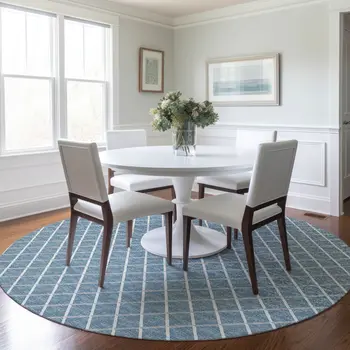 8' Sky Blue And Ivory Geometric Washable Round Rug With UV Protection