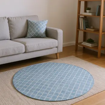 8' Sky Blue And Ivory Geometric Washable Round Rug With UV Protection