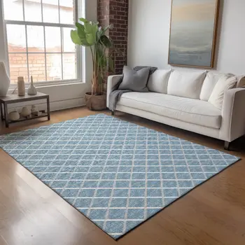 9' X 12' Sky Blue And Ivory Geometric Washable Area Rug With UV Protection
