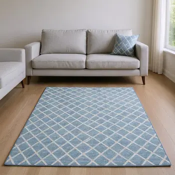 9' X 12' Sky Blue And Ivory Geometric Washable Area Rug With UV Protection