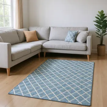 10' X 14' Sky Blue And Ivory Geometric Washable Area Rug With UV Protection