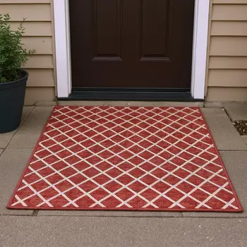 3' X 5' Red And Ivory Geometric Washable Area Rug With UV Protection