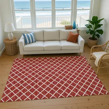 5' X 8' Red And Ivory Geometric Washable Area Rug With UV Protection
