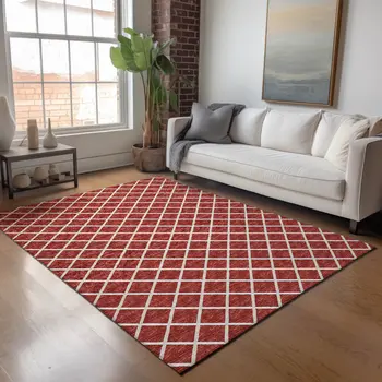 5' X 8' Red And Ivory Geometric Washable Area Rug With UV Protection