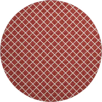 8' Red And Ivory Geometric Washable Round Rug With UV Protection