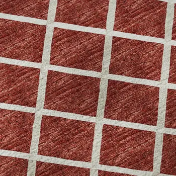 8' Red And Ivory Geometric Washable Round Rug With UV Protection