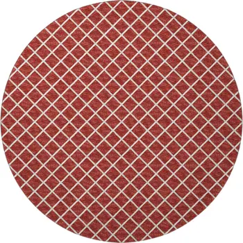 8' Red And Ivory Geometric Washable Round Rug With UV Protection