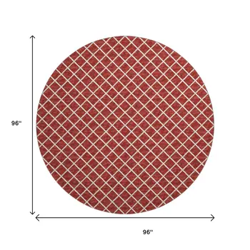 8' Red And Ivory Geometric Washable Round Rug With UV Protection